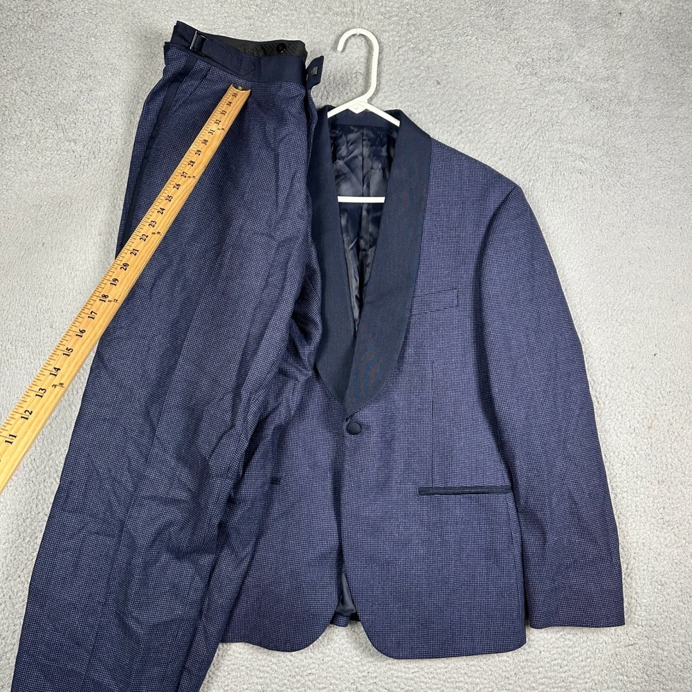The BLK Tux Mens 42S Navy Blue Micro Check Wool Shawl Lapel Tuxedo Suit 2 Piece
